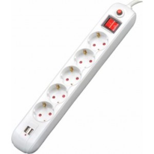 PRELUNGITOR 5 prize Schuko, cablu 4.5m, conectare prin Schuko (T), USB x 2, 16 A, max. 3500W, protectie supratensiune, alb, „PP-5-45 USB” 